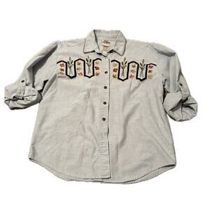 Vintage Fall Autumn Floral Embroidery Button Up Denim Shirt / small *